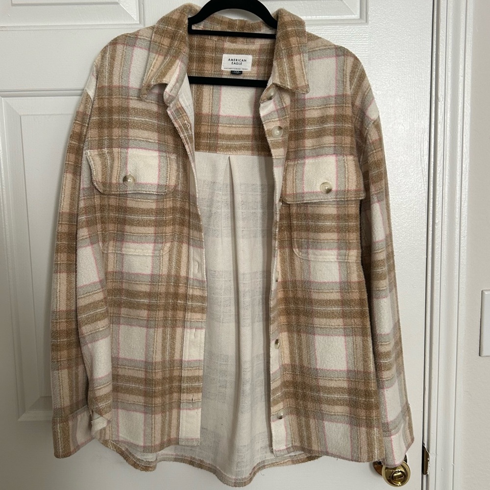 AE tan and pink plaid oversized shacket